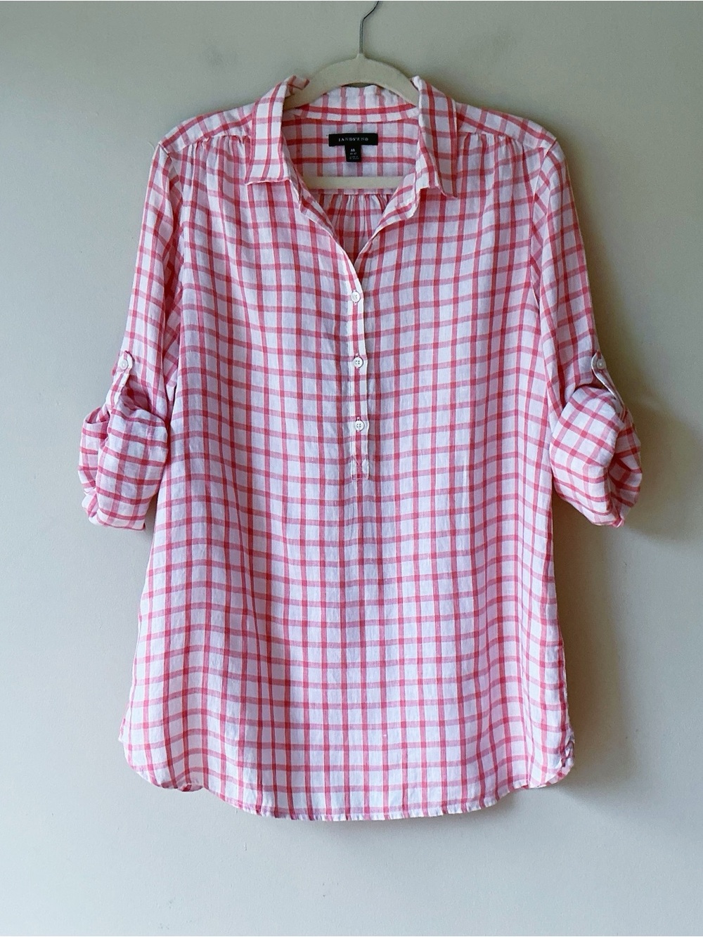 Land’s End 100% Linen Red & White Check Henley Style  Shirt Size M (10-12) - Picture 4 of 7